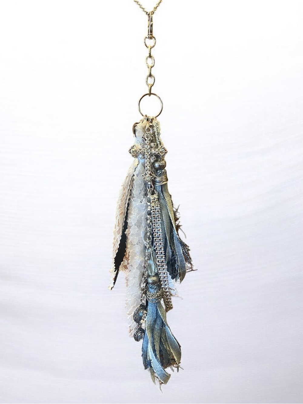 Upcycled Boho Lace & Denim Tassel Purse Charm with Rhinestone Cross and Bling